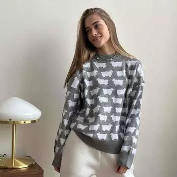 Круглый вырез альпака принтованный свитер осень и зима новый женский свободный повседневный круглый вырез свитер пуловер S серый