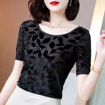 Круглый вырез, бархат, рукава средней длины, облегающая футболка в стиле вестерн, женская танцевальная одежда на весну и лето, майка больших размеров XXXL чёрный