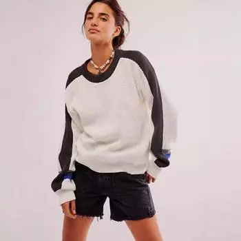 Круглый вырез цветной блок модный свитер женский свободный трикотаж свободный теплый пуловер трикотажная нижняя рубашка новинка осень зима S белый