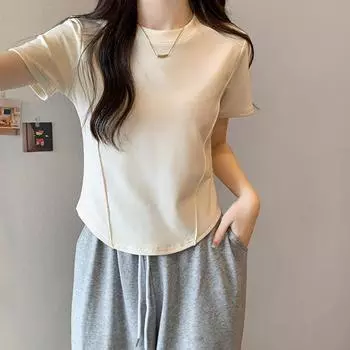 Круглый вырез горловины однотонный универсальный топ для женщин летний новый дизайн короткая талии рыбья кость стройнит горячая девушка футболка с короткими рукавами S