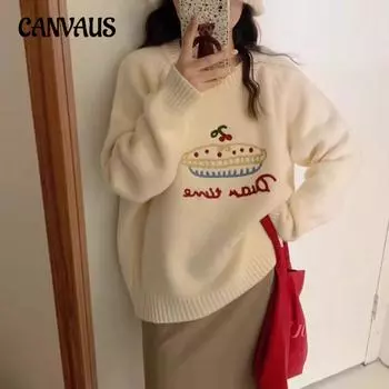 Круглый вырез горловины с ручной вышивкой, трикотажные топы, женский осенне-зимний мягкий свободный свитер-пуловер Lazy Wind One Size чёрный