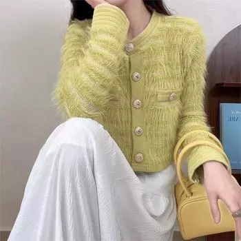 Круглый вырез из блестящего шелка, небольшой ароматный мягкий клеевой свитер для женщин на осень-зиму, нежный модный вязаный кардиган из искусственного меха норки One size бежевый