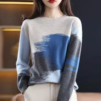 Круглый вырез контрастный свитер женский осень и зима свободный повседневный вязаный свитер модный пуловер XXL чёрный