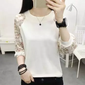 Круглый вырез кружева вязаный свитер для женщин свободный крой верхняя одежда весна средний рукав сращивание короткий низ топ M белый