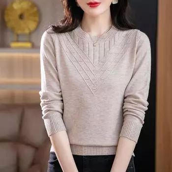 Круглый вырез модный вязаный свитер с длинными рукавами для осени и зимы универсальный темпераментный топ S хаки
