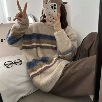 Круглый вырез мохеровый полосатый свитер с градиентом для женщин осень-зима новый ленивый стиль средней длины свободный вязаный топ ONE SIZE абрикосовый