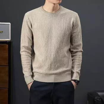 Круглый вырез Мужская одежда Осень Зима Однотонный пуловер Длинный рукав свитер Вязаный стиль Preppy Удобные винтажные топы L серый