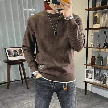 Круглый вырез мужской свитер Утолщенный свитер Осенне-зимняя мужская одежда Теплый универсальный свитер Тонкий модный брендовый хлопковый трикотаж M кофейный