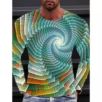 Круглый вырез, одежда, 3D-принт, для активного отдыха, повседневная, с длинным рукавом, винтажная, модная, мужская футболка, футболка с графическим градиентом и металлическим оттенком S