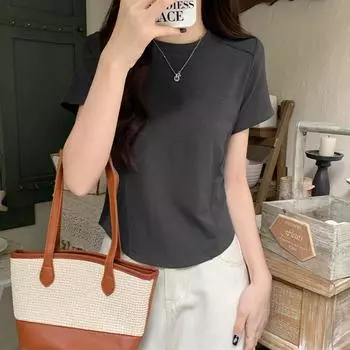 Круглый вырез, правое плечо, однотонный топ с короткими рукавами для женщин, летний дизайн, неровные изогнутые елочные кости, утягивающая эластичная футболка S