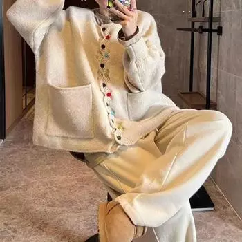 Круглый вырез ретро волнистый край Mori литературный цвет пуговицы свободный большой размер повседневный осень и зима новый кардиган свитер женский One size бежевый