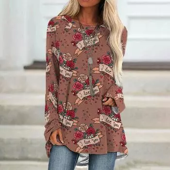 Круглый вырез с 3D-принтом Love Pattern Top Модные повседневные женские футболки с длинными рукавами S