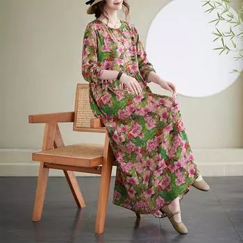 Круглый вырез с длинным рукавом Богемная одежда ретро осень хлопок льняные платья винтажное повседневное цветочное принтованное длинное платье для женщин L