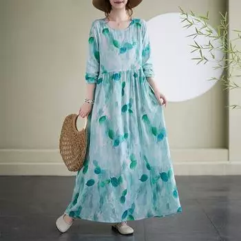 Круглый вырез с длинным рукавом Осенняя богемная одежда Ретро Хлопок Льняные платья Винтажное повседневное цветочное принтованное длинное платье для женщин L