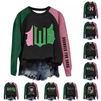 Круглый вырез с длинным рукавом толстовки для женщин принт графический топ повседневные базовые топы пуловер L армия зеленый