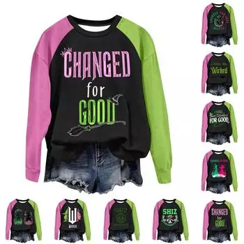 Круглый вырез с длинным рукавом толстовки для женщин принт графический топ повседневные базовые топы пуловер L чёрный