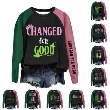 Круглый вырез с длинным рукавом толстовки для женщин принт графический топ повседневные базовые топы пуловер L армия зеленый