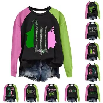 Круглый вырез с длинным рукавом толстовки для женщин принт графический топ повседневные базовые топы пуловер L армия зеленый