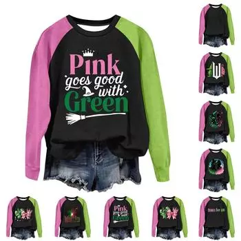 Круглый вырез с длинным рукавом толстовки для женщин принт графический топ повседневные базовые топы пуловер L армия зеленый