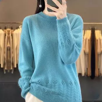 Круглый вырез с длинными рукавами свитер женский свободный жаккардовый низ рубашки повседневные универсальные топы осень и зима S розовый