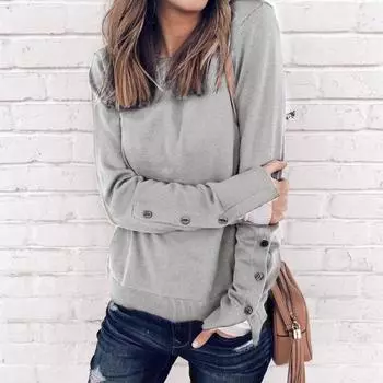 Круглый вырез с длинными рукавами, толстовка с капюшоном, женская базовая рубашка, осенняя футболка с разрезами на рукавах и пуговицами S армия зеленый