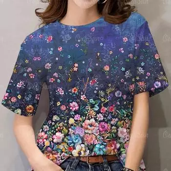 Круглый вырез с короткими рукавами женская летняя цветочная принтовая рубашка с короткими рукавами футболки женские S