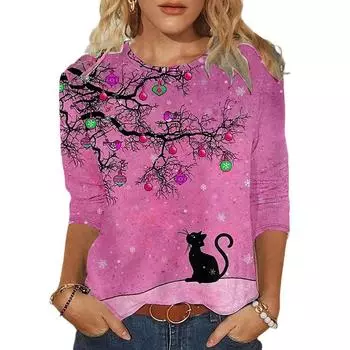 Круглый вырез с принтом 3D Cat Top Модные повседневные длинные рукава женские футболки S