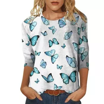 Круглый вырез с принтом в виде 3D-бабочки, модные повседневные женские футболки с длинными рукавами S