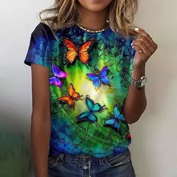 Круглый вырез с принтом в виде одуванчика, дышащий короткий рукав, свободный женский топ, футболка, летняя повседневная S