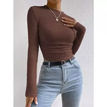 Круглый вырез Slim Fit вязаный свитер однотонный вязаный свитер футболки с длинными рукавами женские S зелёный