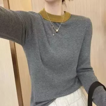 Круглый вырез свитера основа свитера контрастный цвет дизайн осень и зима корейская версия модный свободный и утягивающий вязаный свитер топ для женщин S