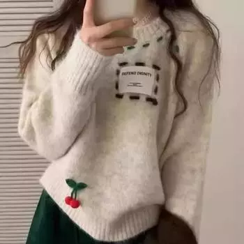 Круглый вырез свитера пуловеры для женщин контрастные цвета шнурок букв этикетка свободный повседневный сладкий вишневый вязаный свитер one size бежевый