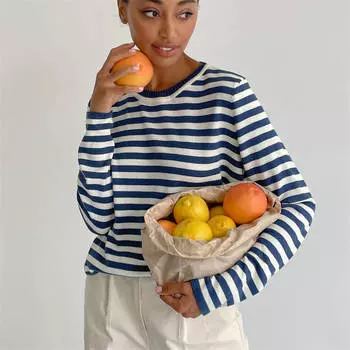 Круглый вырез свитера ретро полосатый универсальный полосатый свитер свитер вязаный S