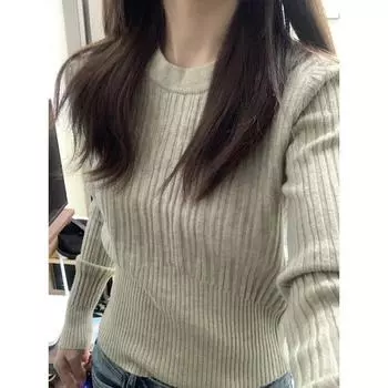 Круглый вырез свитера вязаный свитер для женщин осень зима базовые пуловеры облегающий крой талии короткий пуловер One Size белый