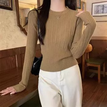 Круглый вырез свитера вязаный свитер для женщин осень зима базовые пуловеры облегающий крой талии короткий пуловер One Size хаки