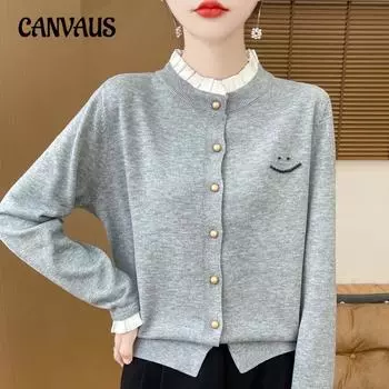 Круглый вырез свитера женский кардиган осень и зима деревянный ушка кромка вязаный топ S розовый