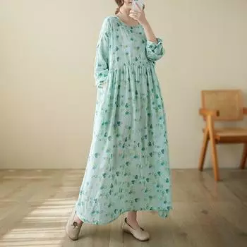 Круглый вырез свободного размера плюс в стиле отпуска с принтом и длинными рукавами для женщин винтажные платья one size