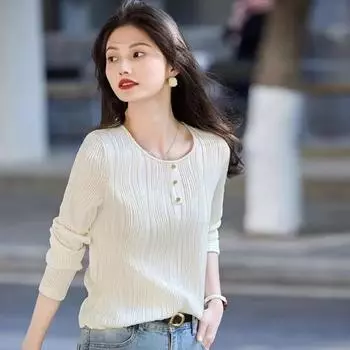 Круглый вырез Tihua с модным темпераментом для весны, мягкий и универсальный, облегающий крой и подчеркивающий текстуру топ S абрикосовый