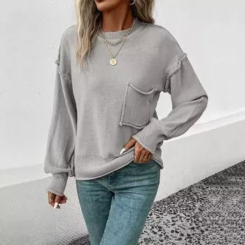 Круглый вырез трикотажный пуловер свитер с карманами, женский серый свитер, однотонная трикотажная рубашка, повседневный свободный топ для поездок на работу, осень-зима S светло-серый