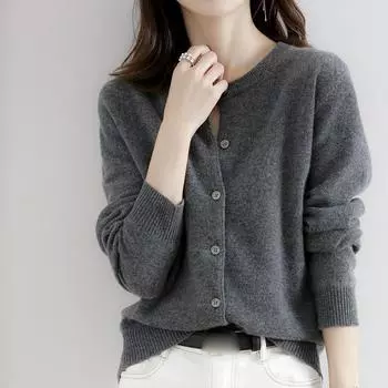 Круглый вырез вязаный кардиган женский осенний иностранный стиль ленивый свободный топ больших размеров корейский свитер куртка S белый