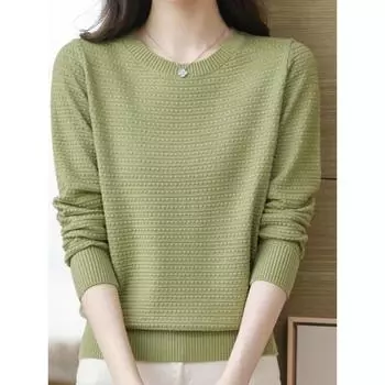 Круглый вырез вязать свитер женский весна и осень однотонный свободный тонкий модный тонкий срез нижняя часть рубашки топы S зелёный