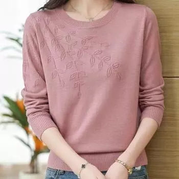 Круглый вырез Жаккардовый свитер Вязаный свитер Женская одежда с длинными рукавами Осень и зима Универсальная модная утягивающая базовая рубашка Топ S фиолетовый