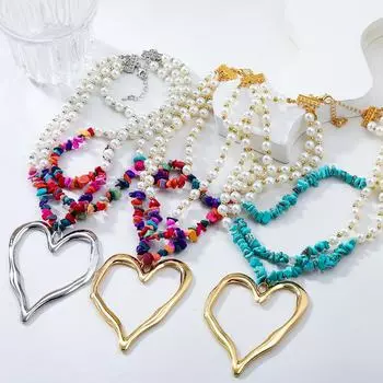 Крупное ожерелье в стиле бохо с имитацией жемчуга и бирюзы в форме сердца золотой/синий