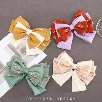 Крупногабаритная заколка для волос с бантиком, плиссированная атласная шестислойная аксессуары для волос, корейская версия «Сломанный цветок», весенняя заколка для волос, открытка жёлтый