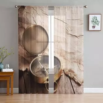 Крупный план компаса на старой бумажной тюлевой занавеске для гостиной, спальни, кухни, вуали, органзы, занавески 135W x 114H(cm)