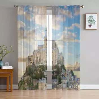 Крупный план Мон-Сен-Мишель на закате, Франция, прозрачные тюлевые шторы для гостиной, кухни, украшения, вуаль, шторы из органзы 135W x 114H(cm)