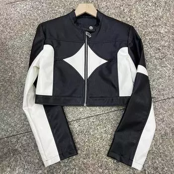 Крутая черно-белая контрастная квадратная куртка с воротником-стойкой, мотоциклетная куртка, маленькая кожаная куртка для женщин, осенняя новая короткая кожаная куртка M