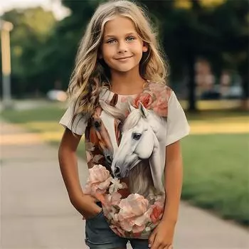 крутая футболка для девочек лошадь 3D принт веселая детская одежда детская футболка для девочек летний повседневный топ с коротким рукавом 140