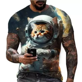 Крутая футболка с изображением кота-астронавта для мужчин с 3D-принтом в виде космоса, футболка с коротким рукавом, милые модные топы с изображением животных и уличной индивидуальности S
