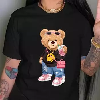 Крутая футболка с принтом «Маленький медвежонок», повседневный топ с круглым вырезом с короткими рукавами для лета и весны, женская одежда S чёрный